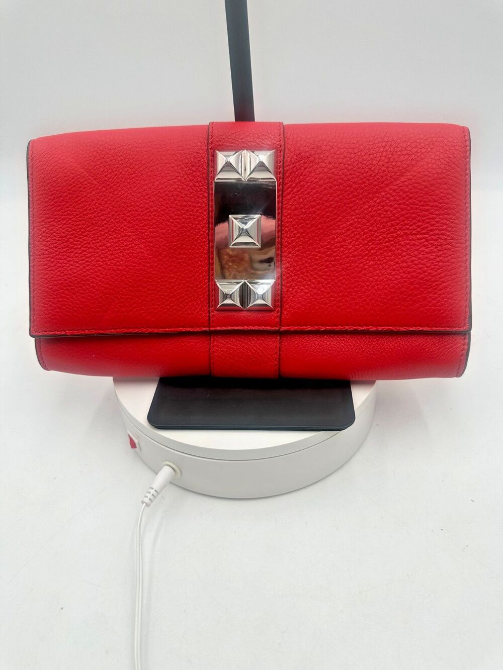 Vince Camuto Red Pebbled Leather Studded Envelope Clutch Foldover Handbag Purse